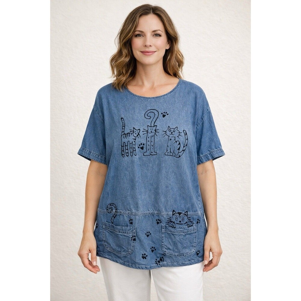 Whimsical Cat Denim Tunic Shirt Womens Large Chambray Pockets Lagenlook Teacher